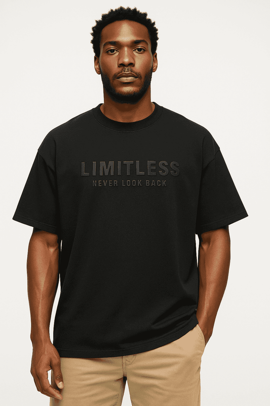 Limitless 3D Embossed Tee in black worn by male model, featuring bold 'LIMITLESS NEVER LOOK BACK' text. Organic cotton oversized streetwear t-shirt.