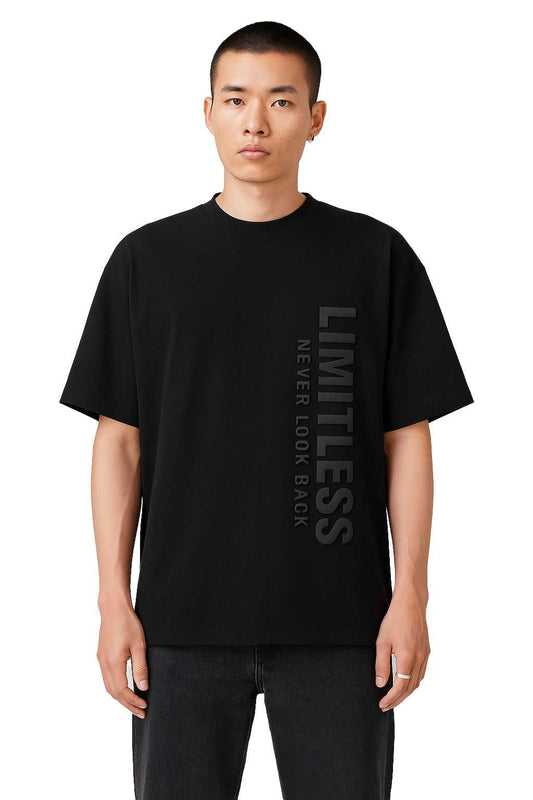 Front view of Men's Oversized Streetwear T-Shirt - Limitless 3D Embossed Tee made from organic cotton in minimalist black design.