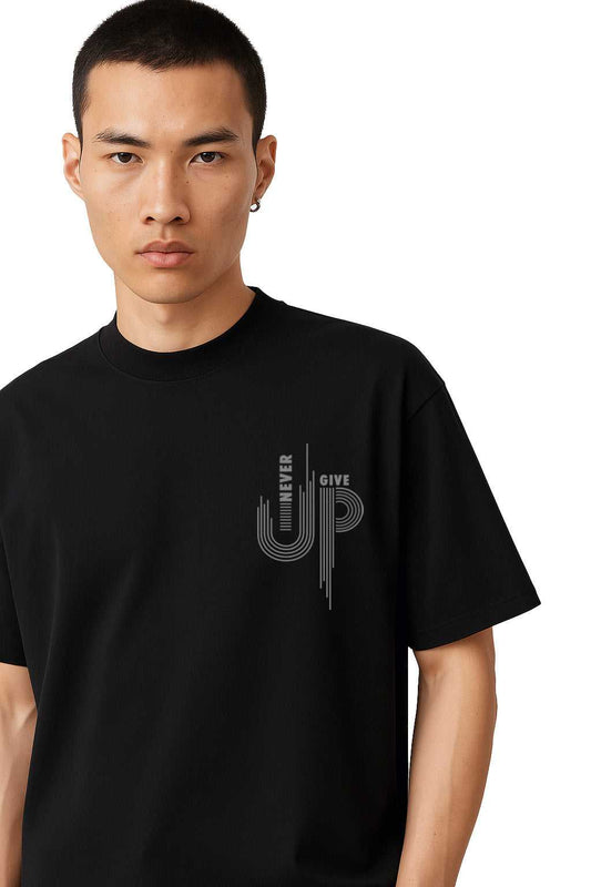 Never Give Up Men's streetwear t-shirt in black with minimalist chest graphic, made from 100% ring-spun cotton for premium comfort.