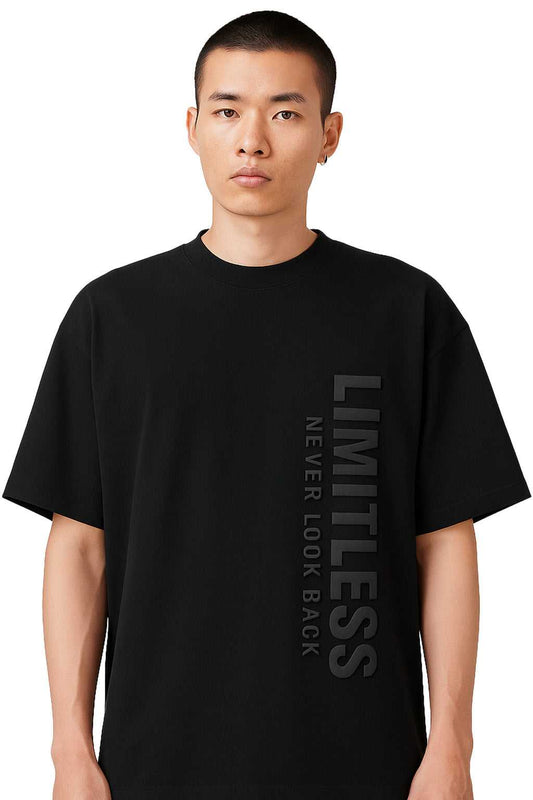 Men's Oversized Streetwear T-Shirt - Limitless 3D Embossed Tee in black with vertical 'LIMITLESS NEVER LOOK BACK' text on front.