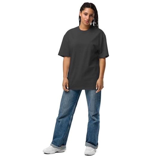 Minimalist Oversized graphic T-Shirt in dark gray with relaxed fit, perfect for contemporary streetwear and unisex casual outfits.