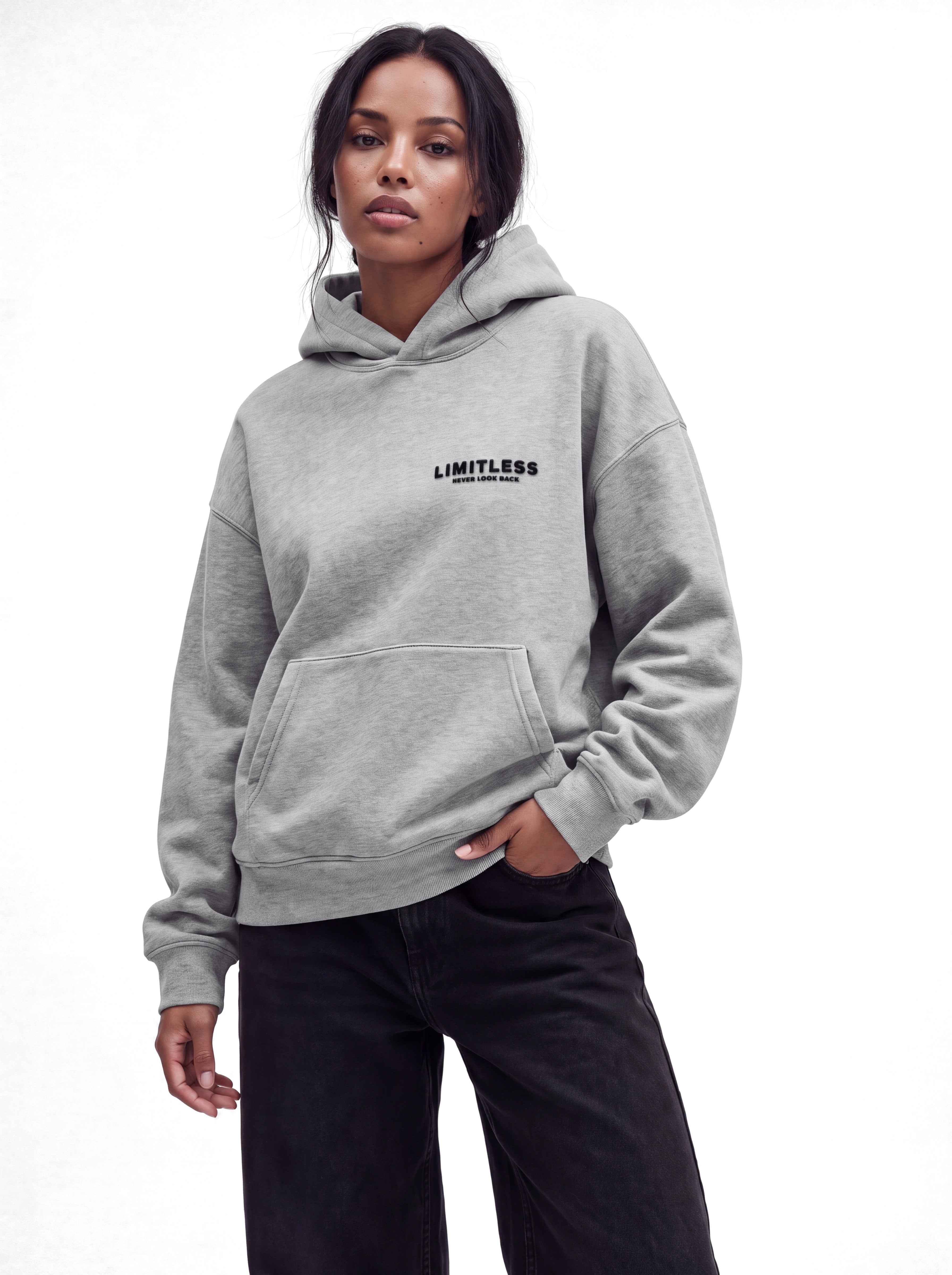 LIMITLESS Fleece Hoodie (Heather Grey) - front, hand in pocket - Grind n Flow