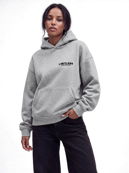 LIMITLESS Fleece Hoodie (Heather Grey) - front, hand in pocket - Grind n Flow