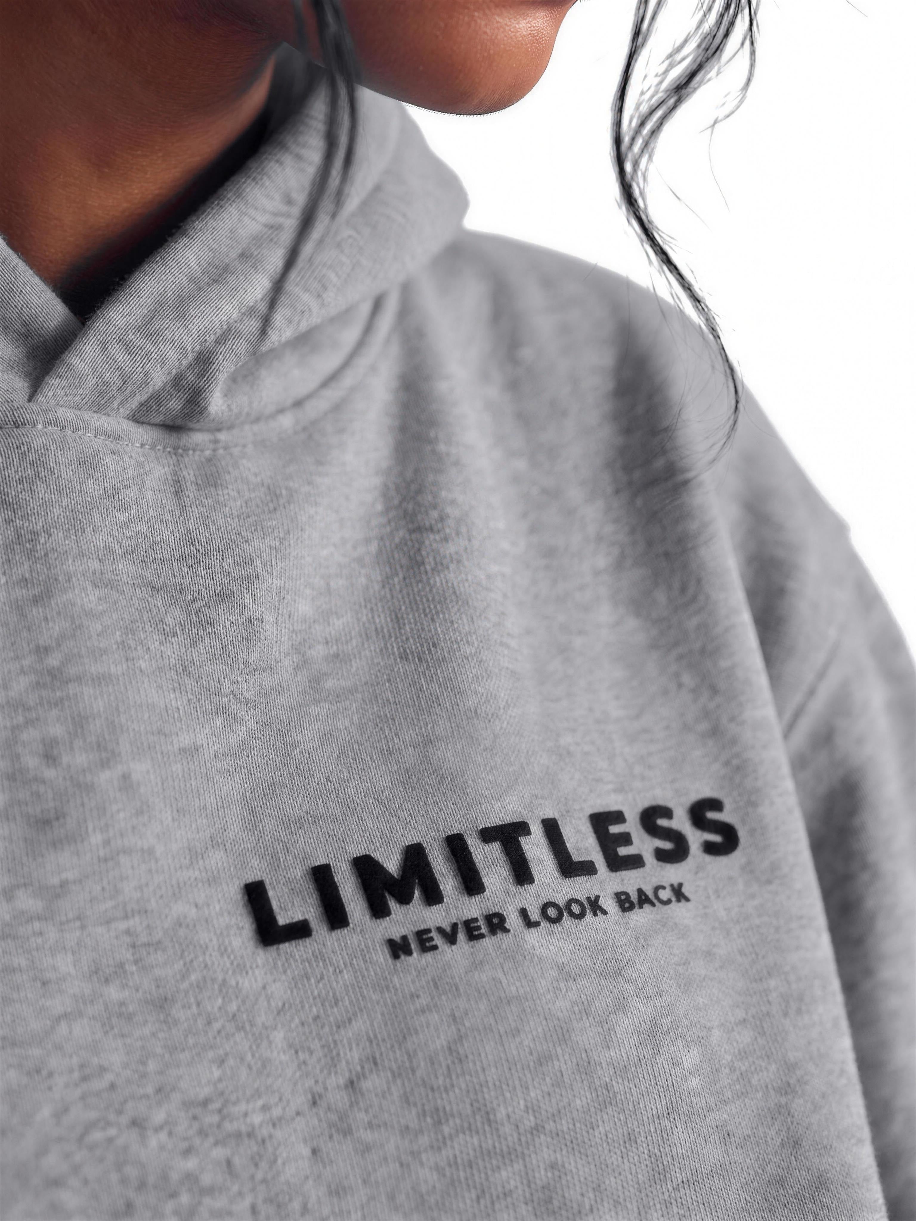 LIMITLESS Fleece Hoodie (Heather Grey) - raised flock chest print close-up - Grind n Flow