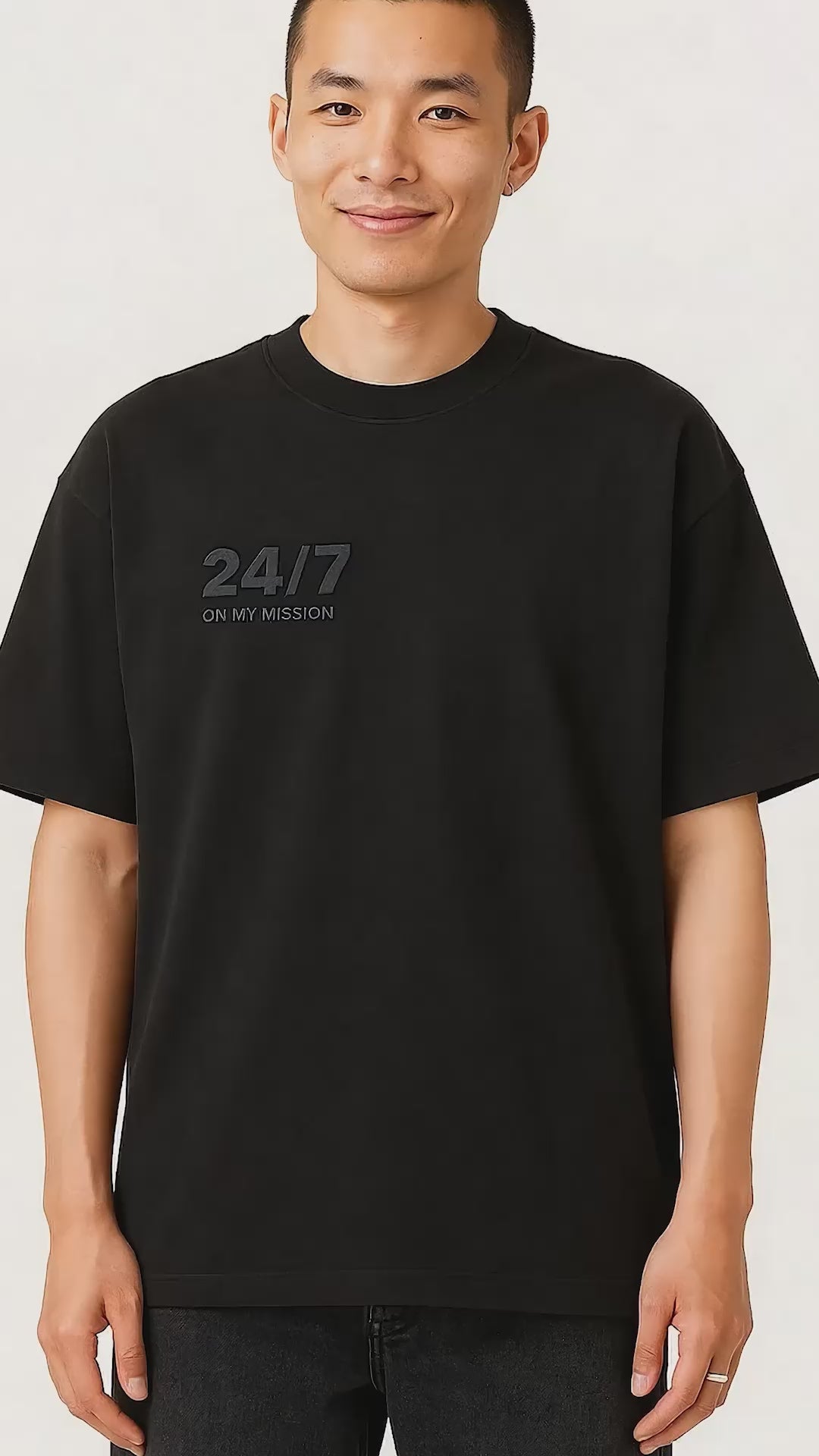 Full front view of 24/7 ON MY MISSION - Men's Streetwear T-Shirt with clean oversized silhouette and chest logo. Ideal for modern minimalist fashion.